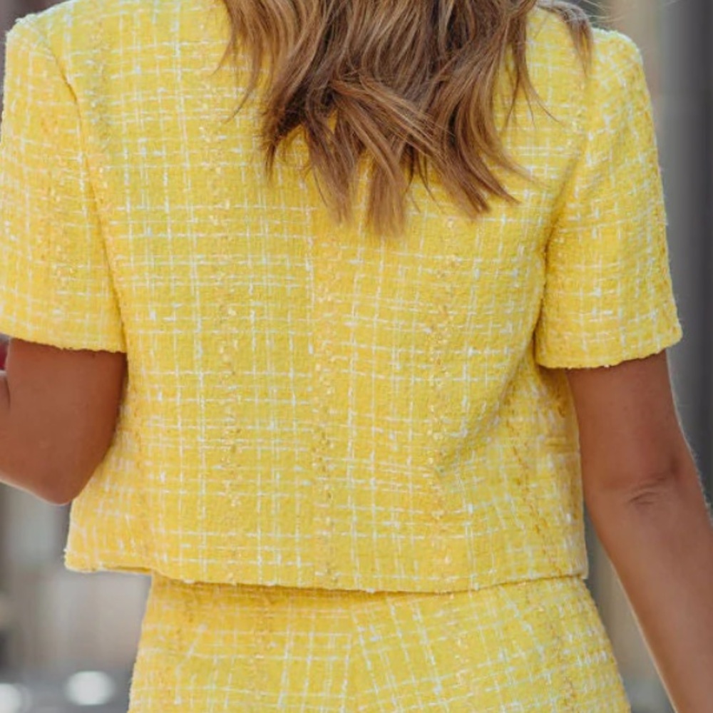 Versona Yellow Textured Tweed Cropped Double-Breasted Blazer Jacket Size M - Picture 4 of 11